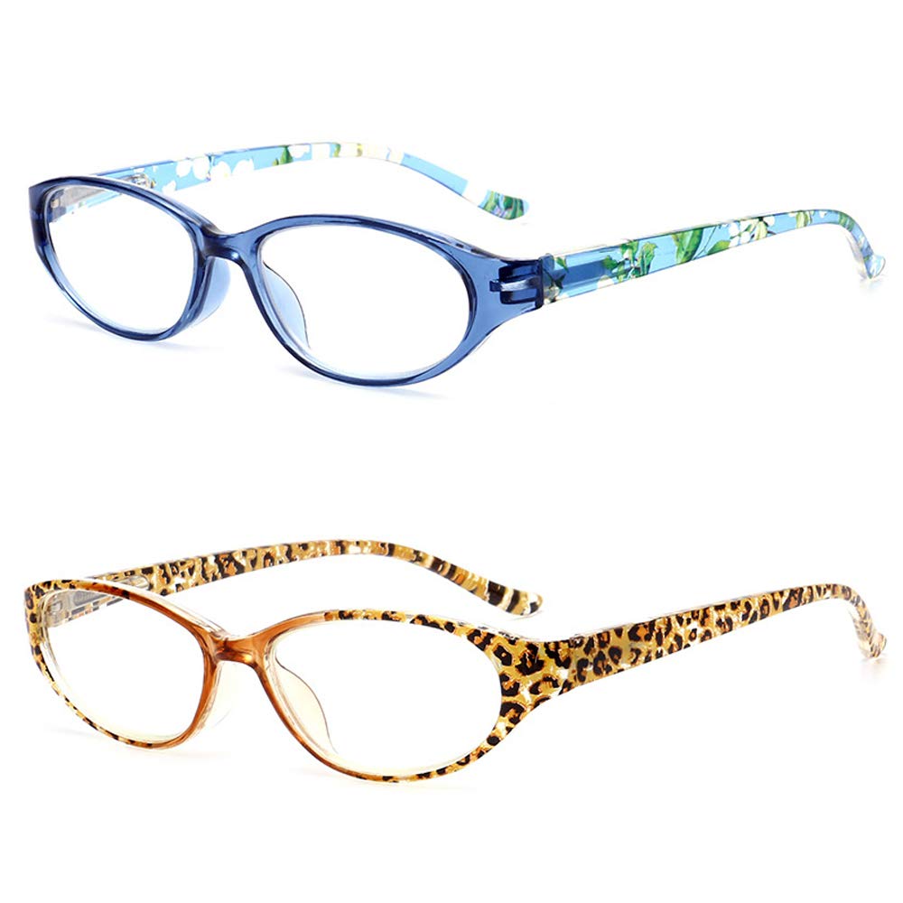 Reading Glasses 2 Pairs Lightweight Readers Spring Hinge Pattern Design for Women Men, 1.00