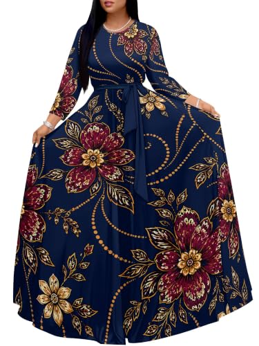 Image of Women Plus Size Long Sleeve V Neck Maxi Dress with Belt | Soft fabric relaxed fit three quarter sleeve v neck with pockets for party and daily wear