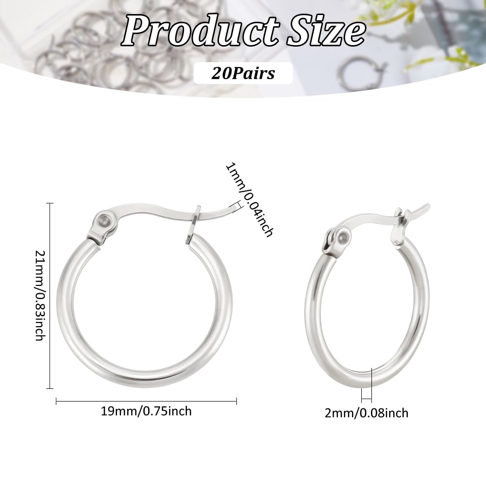 UNICRAFTALE Alrededor de 40 Uds 19mm Pendientes de Aro de Acero Inoxidable Pendientes de Aro Hipoalergénicos Componentes de Aros para Joyería de Mujer Color Acero Inoxidable