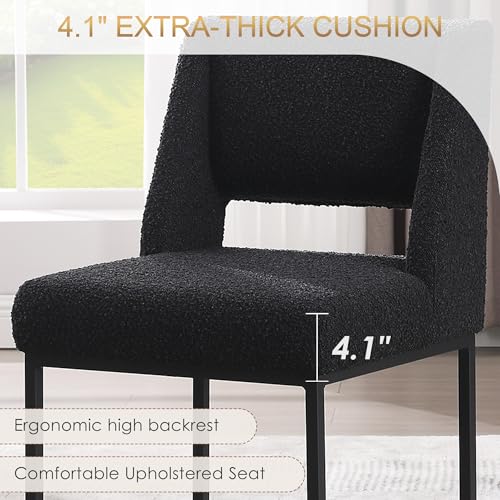 Image of Zesthouse Upholstered Dining Chairs Set of 6, Modern Dining Room Chairs with 4.1 inch Thickened Cushion & Metal Legs, Black Boucle Fabric Kitchen Chair with Padded High Back, Heavy Duty Kitchen Chair