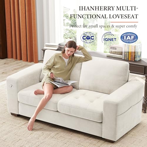 Image of Ihanherry Modern Sofa Living Room Loveseat with USB /Type-C Charging Port, Comfy 2-Seats Chenille Recliner Sofa for Small Space, Removable Medium Firm Sofa Cushion, (70inch, Beige)
