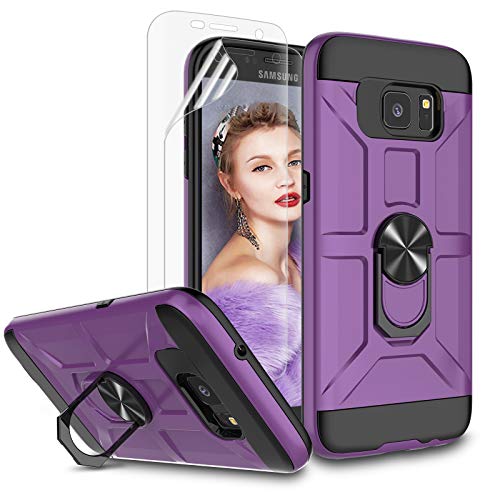 Jeylly Galaxy S7 Edge Case, S7 Edge Case with HD Screen Protector, 360 Rotatable Metal Ring Holder Kickstand [Work with Magnetic Car Mount] Heavy Duty Shockproof Cover for Galaxy S7 Edge - Purple
