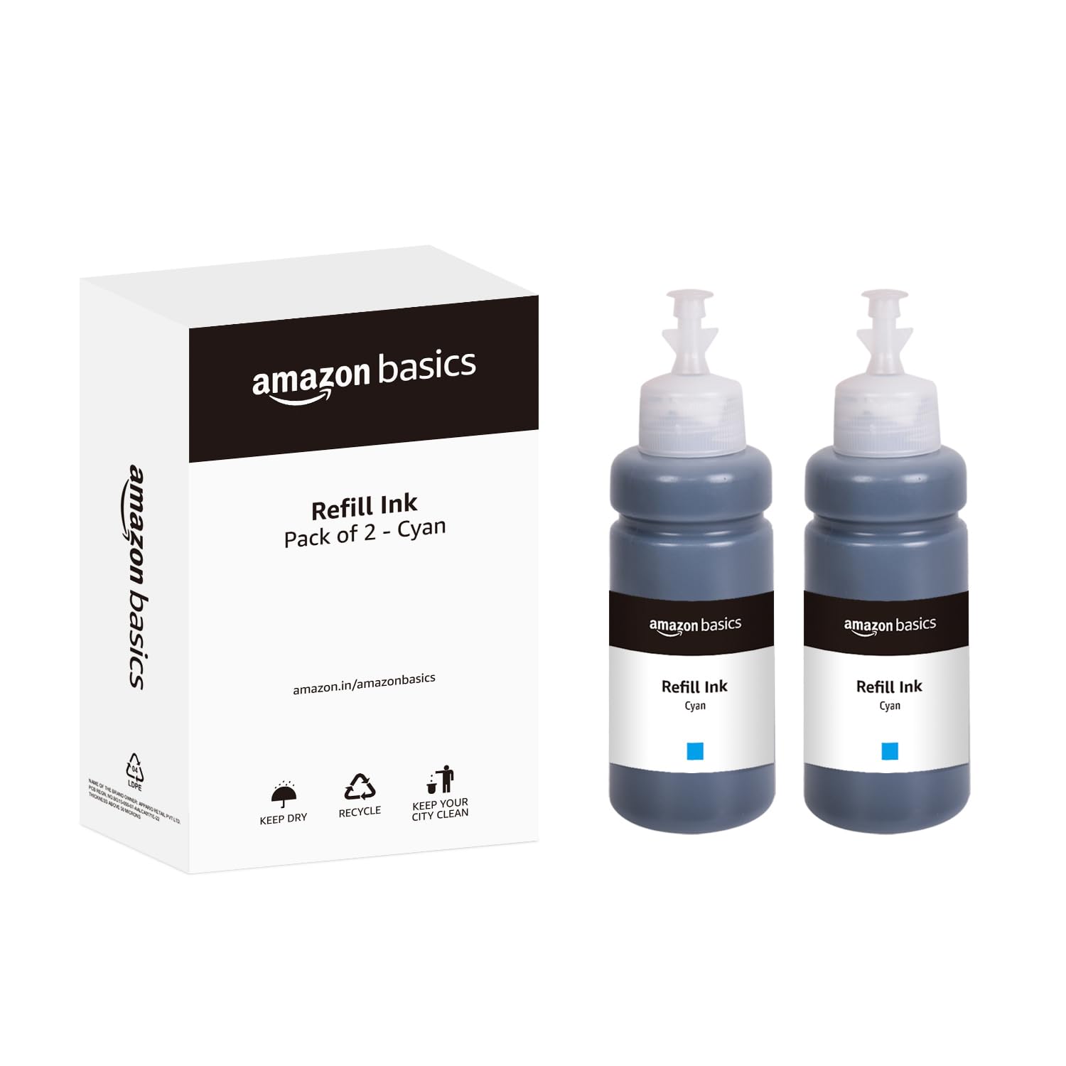 amazon basics T664 Refill Ink Bottle (Dual Pack) | Compatible with Epson L130/L360/L380/L361/L565/L210/L220/L310/L350/L355/L365/L385/L405/L455/L485 | Leak-Proof (70ml, Cyan)