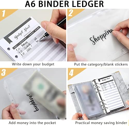 Budget Binder, A6 PU Leather Money Saving Wallet, Refillable Ring Binder Notebook, with 12pcs Zipper Binder Pockets, Budget Sheets and Label Stickers, Cash Envelopes Organzier for for Budget Planner