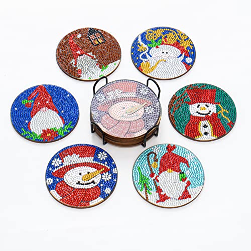 Weihnachten Diamond Painting Untersetzer Sets - 6PCS DIY Weihnachten Schneemann Gnome Diamant Kunst Untersetzer Kits mit Halter für Getränke Cover