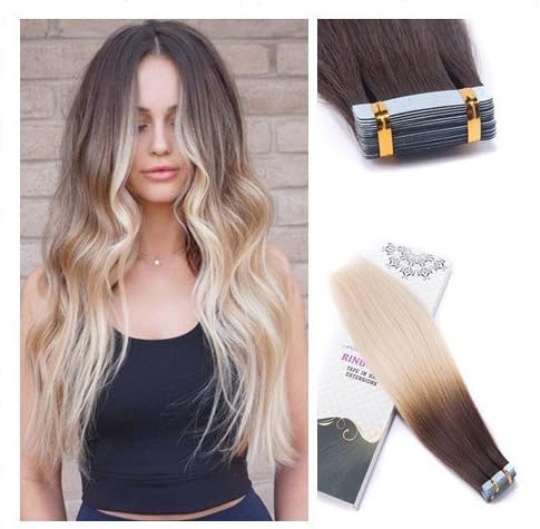 Rinboool Skin Weft Glue In Hair Extensions Remy Human Hair, Ombre Color Medium Brown Fading To Bleach Blonde, Double Sided Invisible Seamless Tape Ins, 14'' 40g 20 pcs, #4/613
