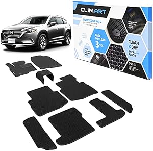 CLIM ART Honeycomb Custom Fit Floor Mats for Mazda CX-9 2016-2023, 1st, 2nd & 3rd Row, Car Mats Floor Liner, All-Weather,Car Accessories for Man & Woman,Tapetes para Autos, Black/Black - FL011917165