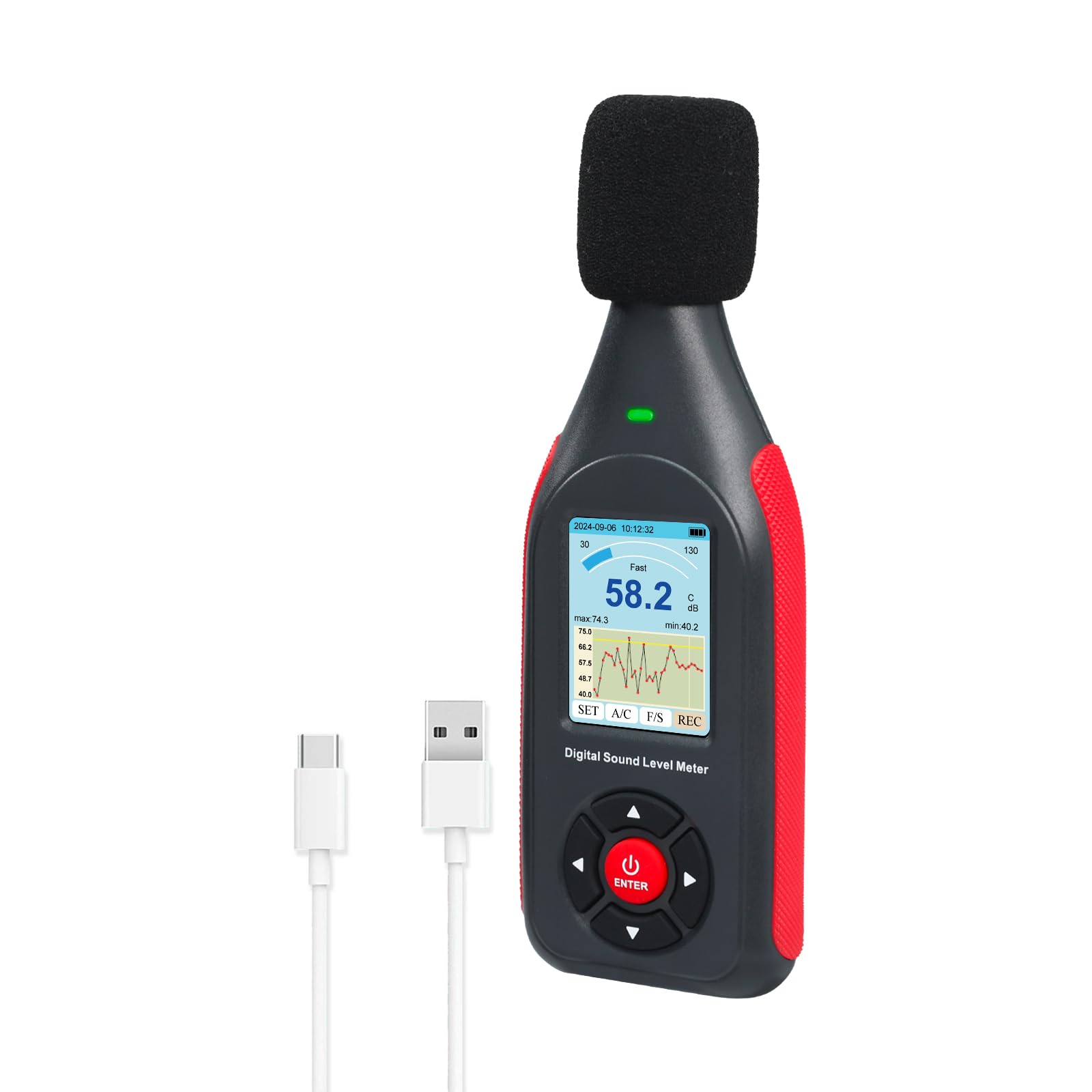 騒音計, デシベルメーターデータロガー, 騒音測定器, 高速/低速応答、43,000データレコード デシベル計, リアルタイムサンプリング、USB/PC接続、3色LEDアラームノイズリーダー