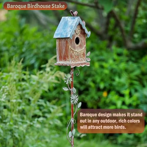 MOCOME Baroque Cottage Bird House Stake for Outside with Pole, Distressed Metal Birdhouse Stand for Outdoor Garden,Purple by MOCOME - Image 5