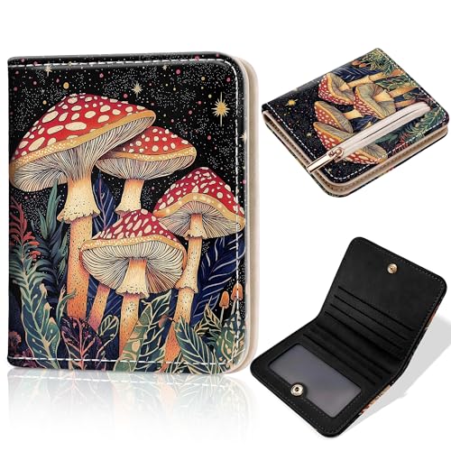 Image of Toughergun Mushroom Night RFID Small Wallet Women, Slim Thin Vegan Leather Bifold Wallet with Zipper Coin Pocket & ID Window, Cute Mini Credit Card Holder Gift for Women Ladies Teen Girls
