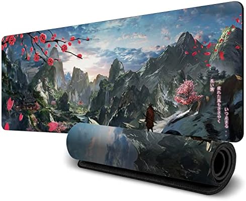 Large Japanese Mouse Pad (31.5x11.8inch), HD Printing Style Desk Mat, Mouse and Keyboard Pad Extended, Water Proof Fabric Surface Mouse Pads for Desk, Anti-Slip Rubber Base (Hills Mountain Sakura)