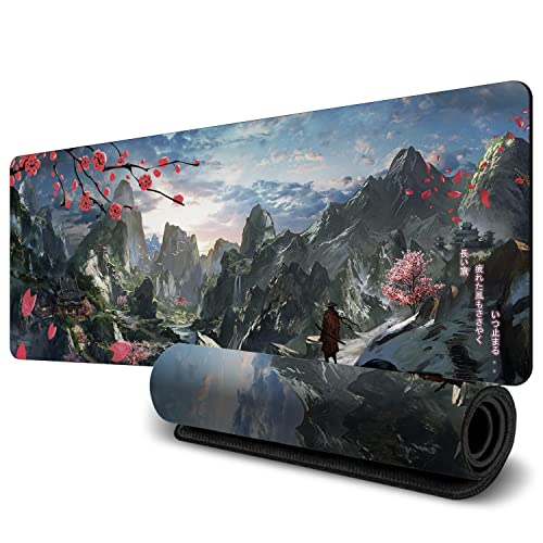 Large Japanese Mouse Pad (31.5X11.8Inch), Hd Printing Style Desk Mat, Mouse And Keyboard Pad Extended, Water Proof Fabric Surface Mouse Pads For Desk, Anti-Slip Rubber Base (Hills Mountain Sakura) #TOP2