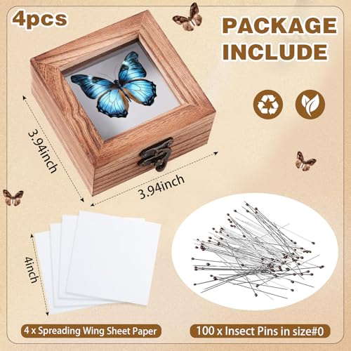 Image of Reallnaive 4 Pcs Insect Pinning Kit 4 inch Wooden Display Case Box, EVA Foam Insect Pinning Board, 100 Bug Pins for Butterfly Specimen Bugs Collection Tools (Carbonized Wood Color)