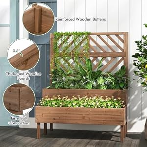 Raised Garden Bed with Trellis 2 Planter Boxes 2 Tier Outdoor Wooden Elevated Planter Box with Legs Drainage Holes Gardening Planter for Flowers Herbs Vegetables FruitsBrown