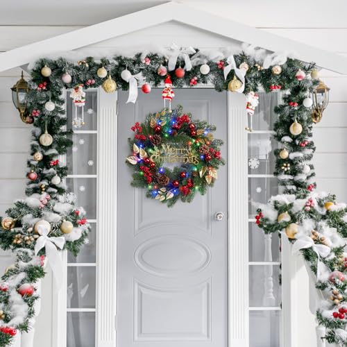 Pre-Lit Christmas Wreath with 40 Colorful Lights, Artificial Christmas Wreath Decorated with Pine Cones, Berry Clusters, Ball Ornaments, Christmas Decorations for Window Indoor Outdoor