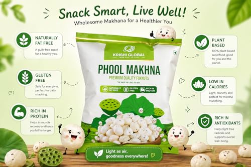 Image of Krishi Global Phool Makhana (Foxnuts) 100g- 100% Natural, Crunchy & High-Protein Snack | Gluten Free Raw Popped Lotus Seeds | Yoga & Ayurvedic Diets | Fasting | Ready to Cook