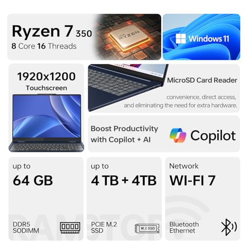Image of Lenovo IdeaPad Slim 5 Laptop, 16 inch FHD+ Touchscreen, Ryzen 7 350 (4nm, 16 Threads, Up to 5GHz, Beats Ultra 7 155U), 16GB RAM, 1TB SSD, Wi-Fi 7, W11H, Copilot AI PC, Blue, Bundle with PCO Laptop Cooler