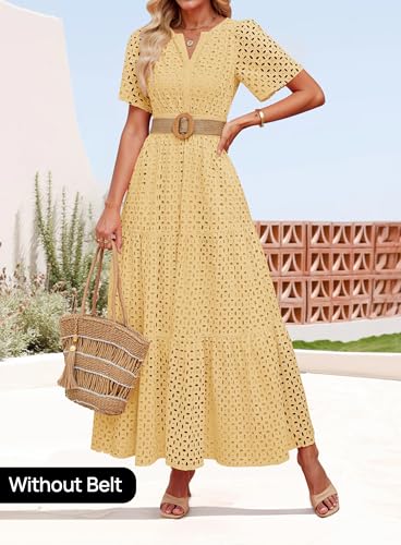 Image of ZESICA Women's 2026 Summer Short Sleeve Maxi Dress Casual V Neck Hollow Out Eyelet Ruffle Swing A Line Long Dresses