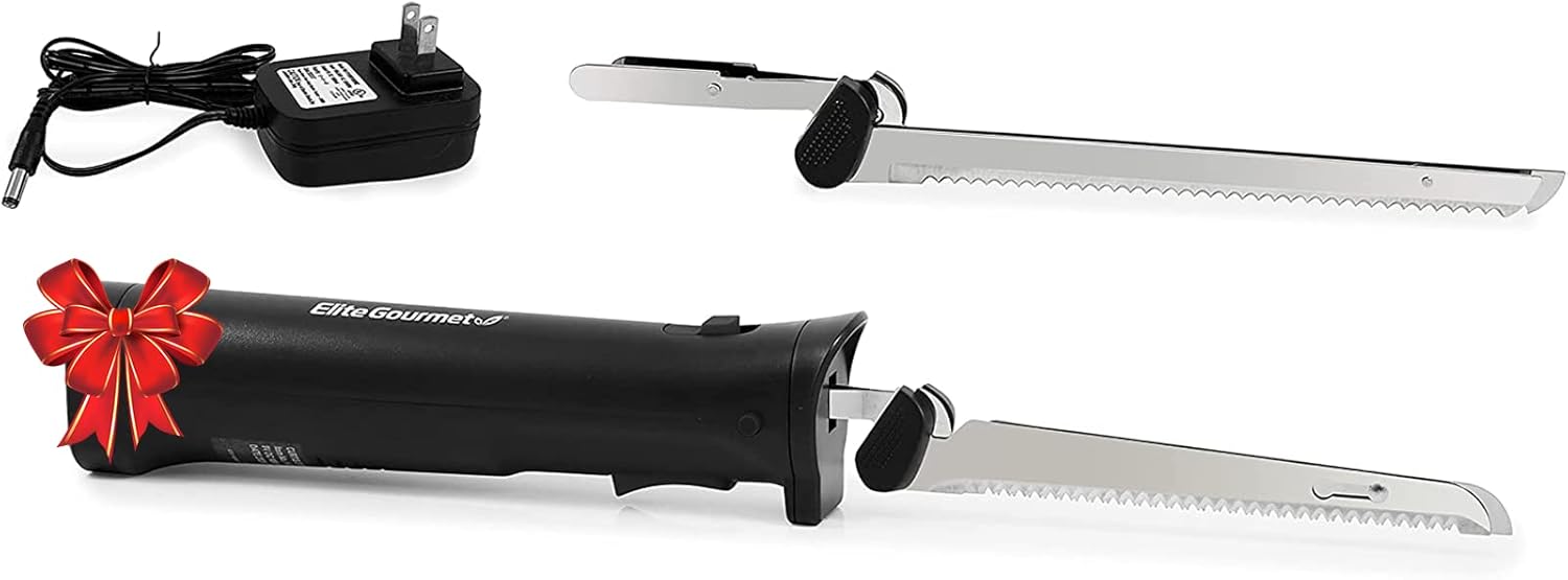 Elite Gourmet EK9810 Professional Cordless Rechargeable Easy-Slice Electric Knife with 4 Serrated Blades and Safety Lock Trigger Release, Carving Meats, Poultry, Bread, Black: Home & Kitchen