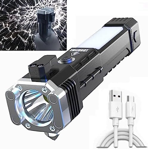 HELLARO Portable Rechargeable Torch LED Flashlight Long Distance Beam Range with Power Bank, Hammer and Strong Magnets,Window Glass and Seat Belt Cutter