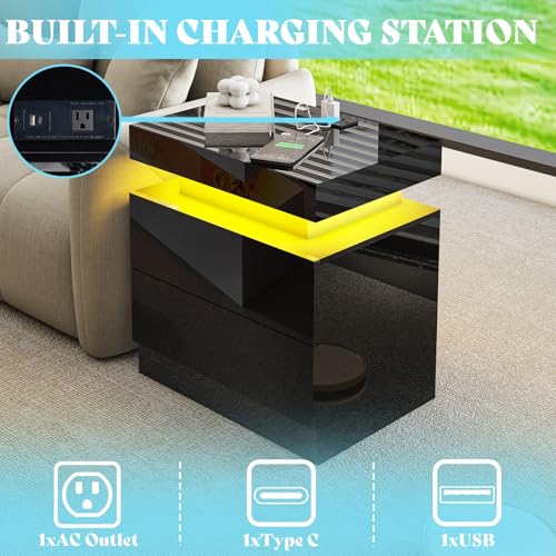 Amerlife CCT028+CCT027-1061110361N+1061110358N High Gloss 3 Pieces Living Room Table Set, Modern Led Coffee Table Sets Of 3, 2-Tier Center Table With 2 End Side Tables, Led Lights Bedside Table Nightstands With Charging Station, Black thumb #3