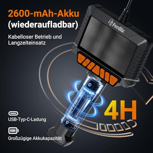 Ferdiiz 4,3 IPS Endoskopkamera mit Licht 1080P HD - IP67 Wasserdichte Inspektionskamera & Rohrkamera mit 8 LEDs, 5m Halbstarre Sonde für Auto, Rohre, Haushalt, Kein WLAN/App Nötig