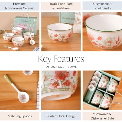 Image of Nestasia Ceramic Soup Bowl with Spoon Set of 4 (400ml Each) - Floral Microwave & Dishwasher Safe Bowl Set for Serving Soup, Curry, Custard, & Dessert - Perfect for Gifting & Daily Use
