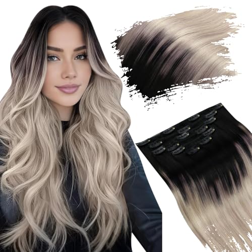 Ugeat Clip in Hair Extensions Human Hair, 40 cn Clip en Extensiones de Cabello 100G 7PCS Extensiones Clip Pelo Natural Balayage Ombre Negro Natural a Rubio Ceniza con Rubio Platino #1B/18/60