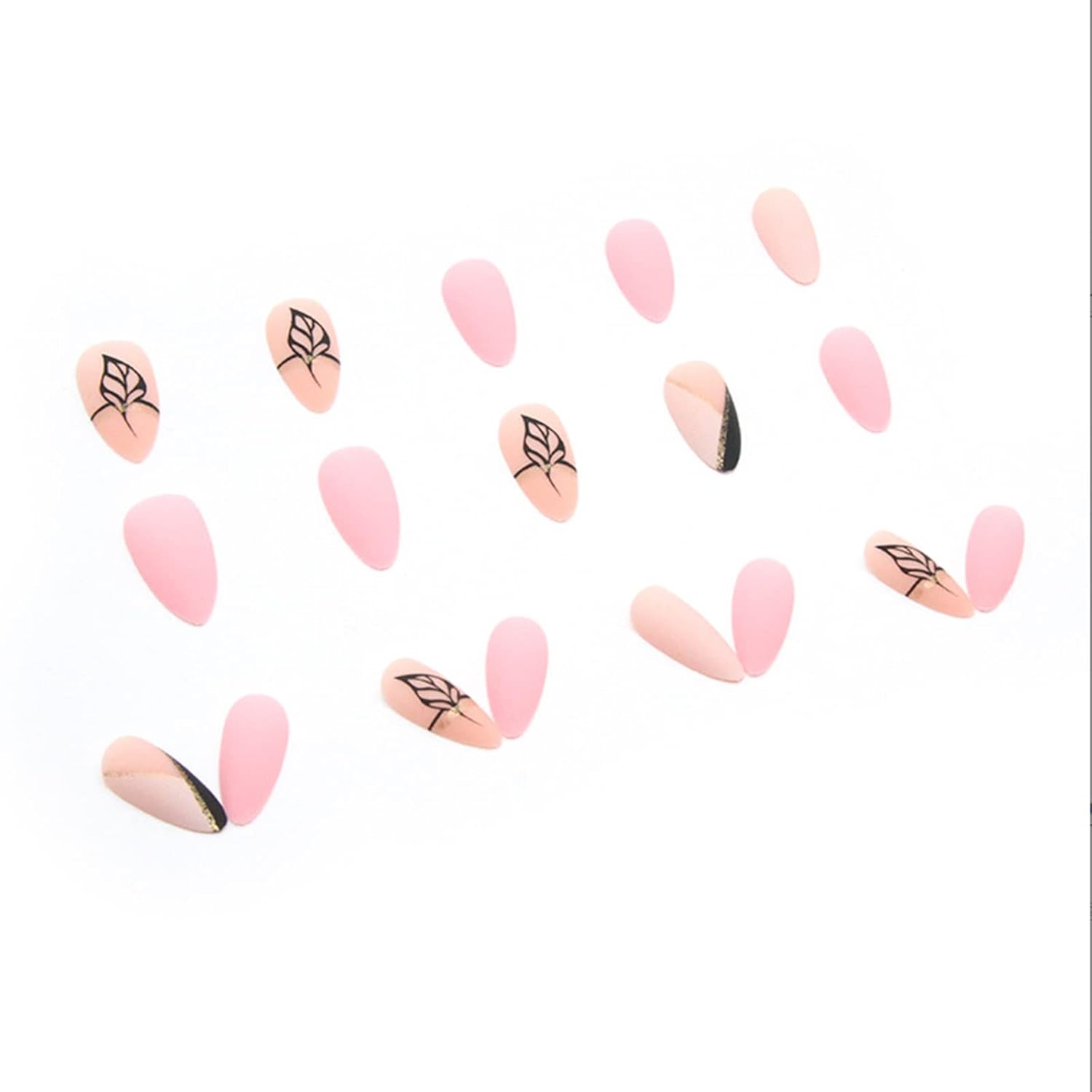 24 Pcs Almond Press on Nails Medium Length Fake Nails Pink Milk white French Tip Glue on Nails with Geometric leaves Design Acrylic Nails Luxury Matte False Nails for Women W-255