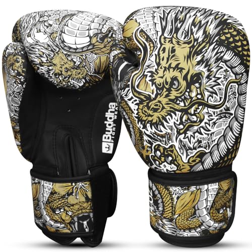 BUDDHA FIGHT WEAR - Guantes de Boxeo Dragon Blancos diseñados para Entrenamientos y Sparring en...