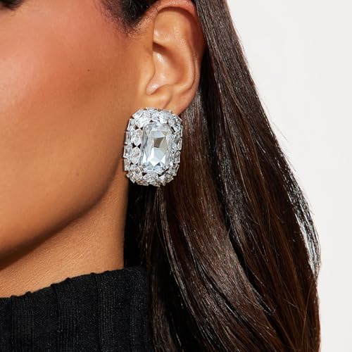 Silver Earrings for Women - Sparkly Crystal Clip On Earrings Statement Rhinestone Wedding Earring for Non Pierced Trendy Formal Prom Jewelry Gift2