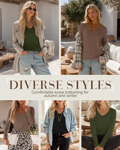 Ficerd 3 Pack Women's Long Sleeve T Shirts, V Neck Basic Tops Fall Casual Trendy Tees Loose Fit Soft Clothes Outfits3