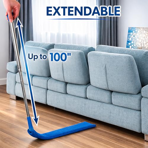 Image of Retractable Gap Dust Cleaner with Extension Pole & 3 Microfiber Cloths | Cleaning Tools with 3 Microfiber Dusting Cloths | Long Handle Duster 30-100'' | Under Refrigerator Furniture Appliance Blue