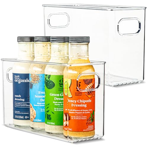 Plastic Food Storage 2 Pack Clear Container Bin with Handles for Organizing Kitchen, Pantry, Refrigerator, Freezer, Pantry, Cabinet, Closet, Bathroom. 10”x4”x6”