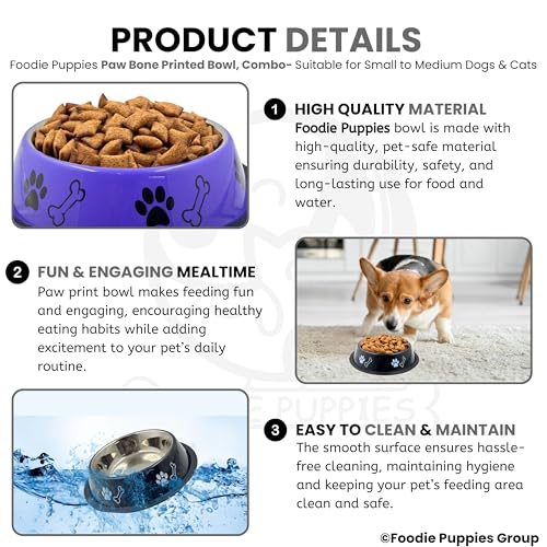 Image of Foodie Puppies Stainless Steel Dog Bowl Combo - (Medium, 700ml) Food and Water Feeding Gift Bowl | Suitable for Dogs, Cats and Other Pets I Paw Bone Print, Anti-Skid Rubber Base (Black + Purple)