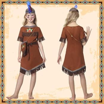 BARVERE Costume Indien Pour Enfants Filles, Robe Indienne Avec Coiffe, Bandeau En Plumes, Accessoires Pour Cheveux, Attrape-rêves, Costume Indien Pour Filles De 4 5 6 7 8 9 10 Ans, Carnaval, Fête