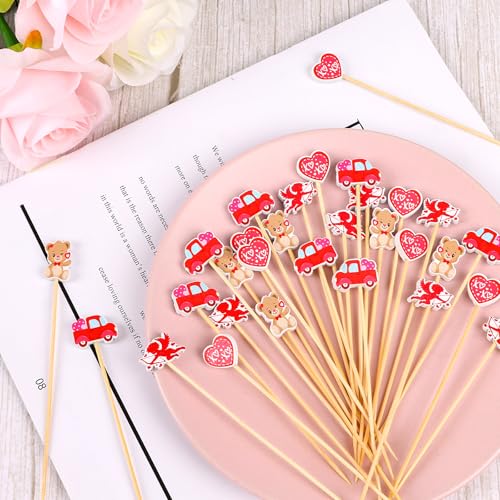 STEFORD 120Pcs Valentine\'s Day Cocktail Picks, Heart Shaped Bamboo Toothpicks Love Cupid Picks Food Skewers for Appetizers Disposable Fruit Sticks for Valentine Wedding Anniversary Party Decorations