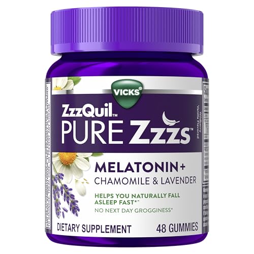 ZzzQuil Pure Zzzs Melatonin Gummies, Sleep Aid, Melatonin 2mg, with Chamomile & Lavender, Melatonin Sleep Gummies, Sleep Aids for Adults, Wildberry Vanilla Flavored, 48 Sleep Gummies ZzzQuil Pure Zzzs Melatonin Gummies, Sleep Aid, Melatonin 2mg, with Chamomile & Lavender, Melatonin Sleep Gummies, Sleep Aids for Adults, Wildberry Vanilla Flavored, 48 Sleep Gummies