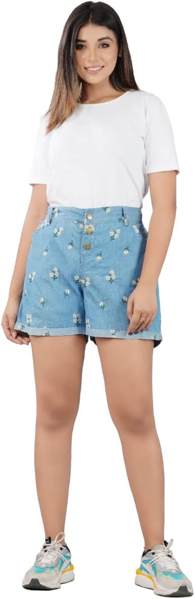 HI-FASHIONFLOWER EMBROIDERED Denim Shorts for women
