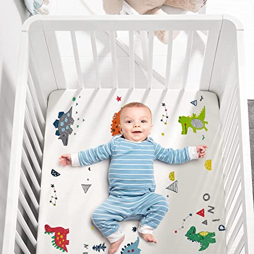 Ynaize Dinosaur Fitted Crib Sheets, Breathable And Ultra-Soft 100% Natural Cotton Toddler Bed Sheets For Standard Crib And Toddler Mattresses, Nursery Bedding Sheet For Boys And Girls, 28 In X 52 In #TOP5