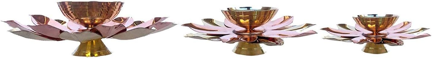 Rastogi Handicrafts Pure Brass & Copper Kamal Lotus Flower Shape Diya Puja Lamp Hindu Pooja Article Diyas Deepak Oil Lamp 6 to 4 inch (Set of 3 Kamal Deepak)