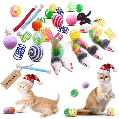 Cat Toys for Indoor Cats – 34 Packs Interactive Set with Colorful Springs, Mouse Toy, Catnip Ropes, Balls, Bells, and Sisal Ball for Kittens