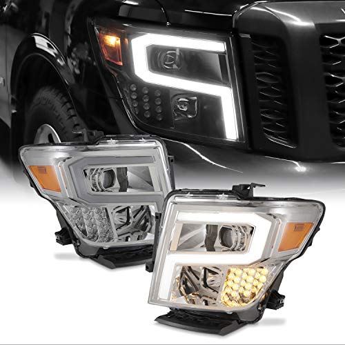 [AKKON] For 2016-2019 Nissan Titan Projector LED DRL Light Bar Pair Headlights - Chorme Assemblies