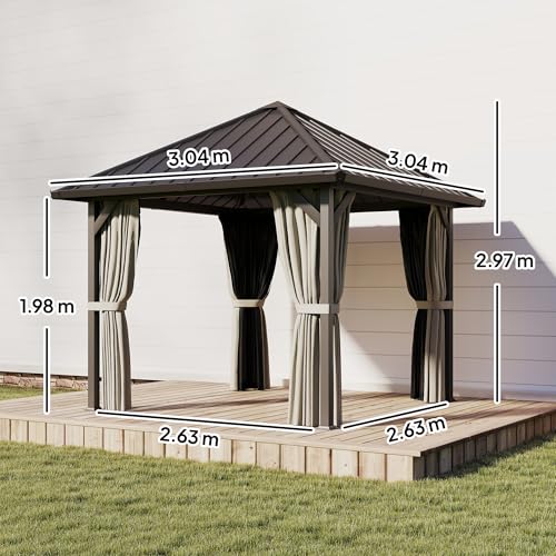 Outsunny 3 x 3(m) Hardtop Pavilion with Galvanised Steel Roof and Water Gutter, Waterproof Permanent Garden Gazebo with Netting and Curtains, Black - Image 7