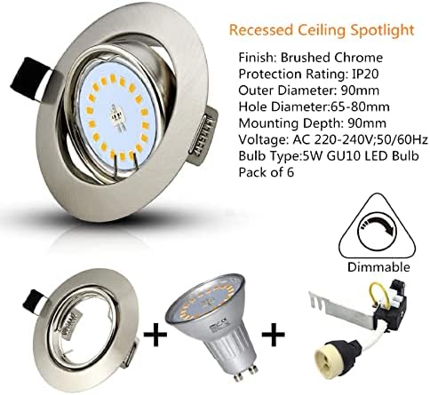 Allesgute 6X GU10 Dimmable LED Ceiling Light Spotlights Brushed Chrome Recessed Downlights 30° Swiveling with 5W Bulbs Cool White