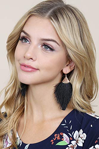 Bohemian Silky Thread Fan Fringe Tassel Statement Earrings - Lightweight Strand Feather Shape Dangles (Feather Fringe - Black) #TOP2