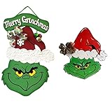 NESKTS Corona de Navidad Grinc-h, letrero de madera para puerta delantera, corona de puerta delantera, guirnalda de Navidad colgante para decoración de porche de granja de madera (C+D)