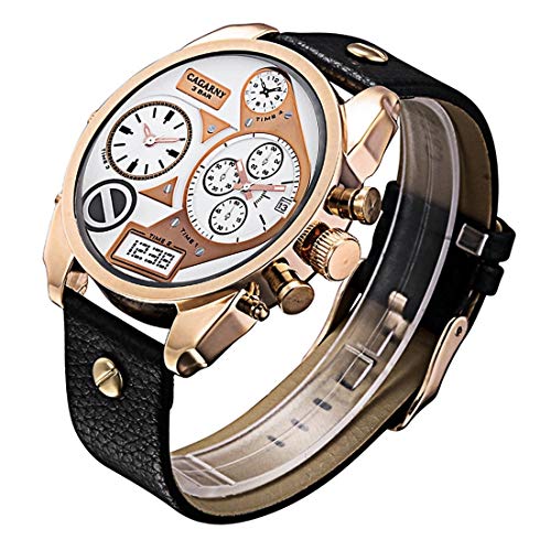 Big Watches for Men,Mens Wrist Watch,Dress Watches for Men,Mens Watch Big Face,Dual Clock Rose Gold Case with Leather Band & GMT Time & Calendar for Men Men Watch Leather Digital Classic Zoe's Shop