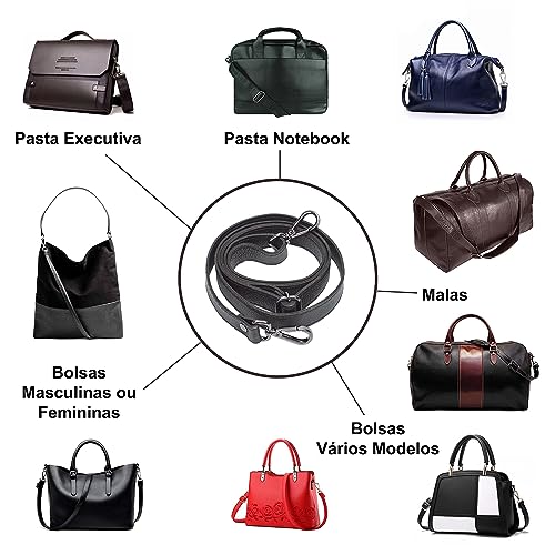Alça Bolsa Transversal Tiracolo Avulsa em Couro Legítimo Metal Grafite Ônix para Bolsas Malas Pastas