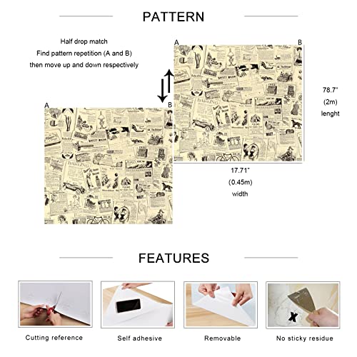Hellowall 17.71"X78.7" Vintage Wallpaper Peel And Stick Yellow Newspaper Wallpaper Self Adhesive Contact Paper Vintage Removable Wallpaper Roll For Renters Decorate Closet Locker Cabinets Drawer Liner #TOP6